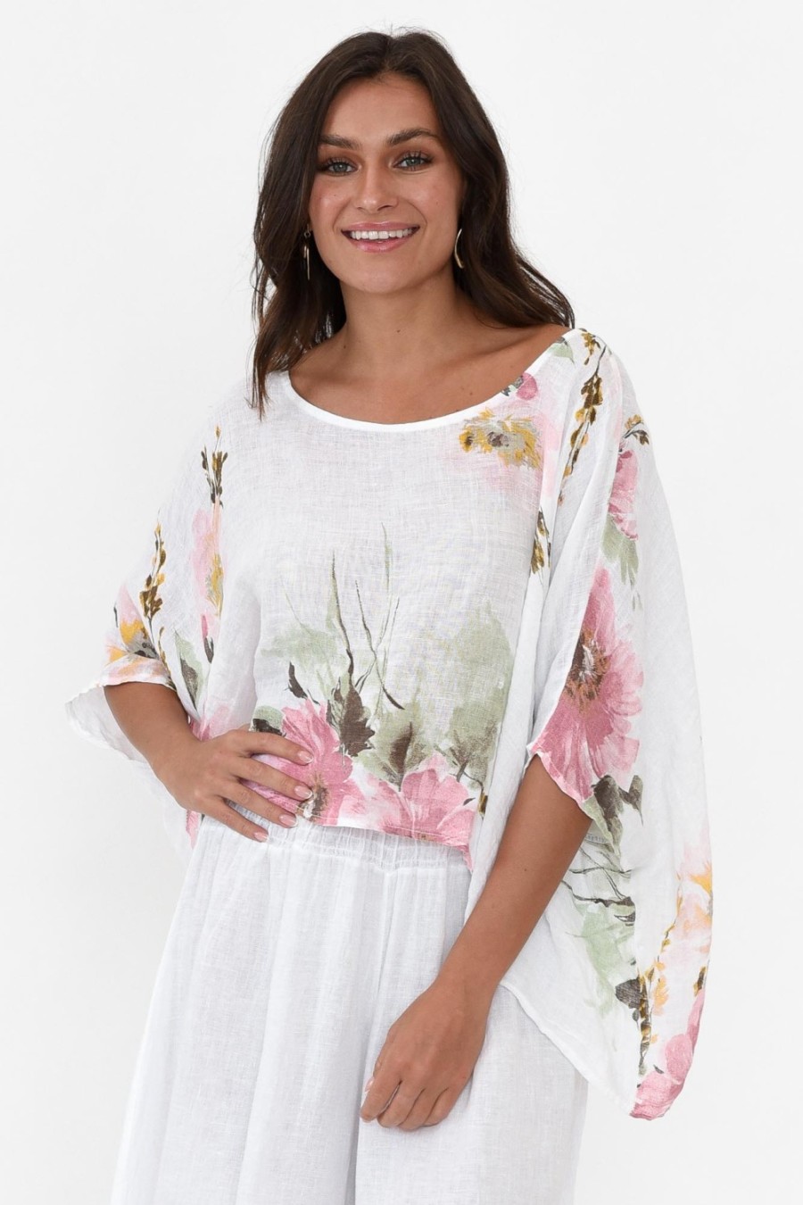 Clothing Donna Donna Linen Tops | Turner White Floral Linen Scoop Neck Top