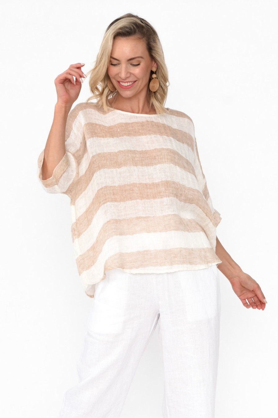 Clothing Imagine Linen Tops | Damian Beige Stripe Linen Top