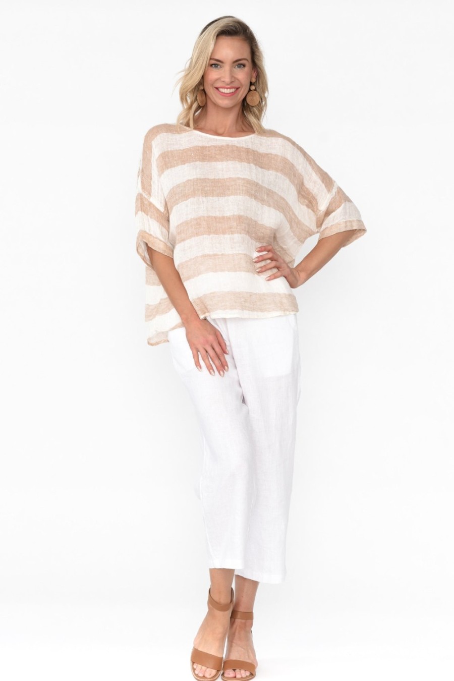 Clothing Imagine Linen Tops | Damian Beige Stripe Linen Top