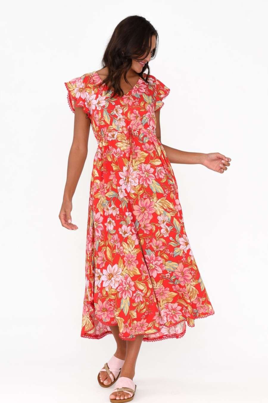 Clothing New U Collection Midi Dresses | Libby Red Bloom Midi Dress