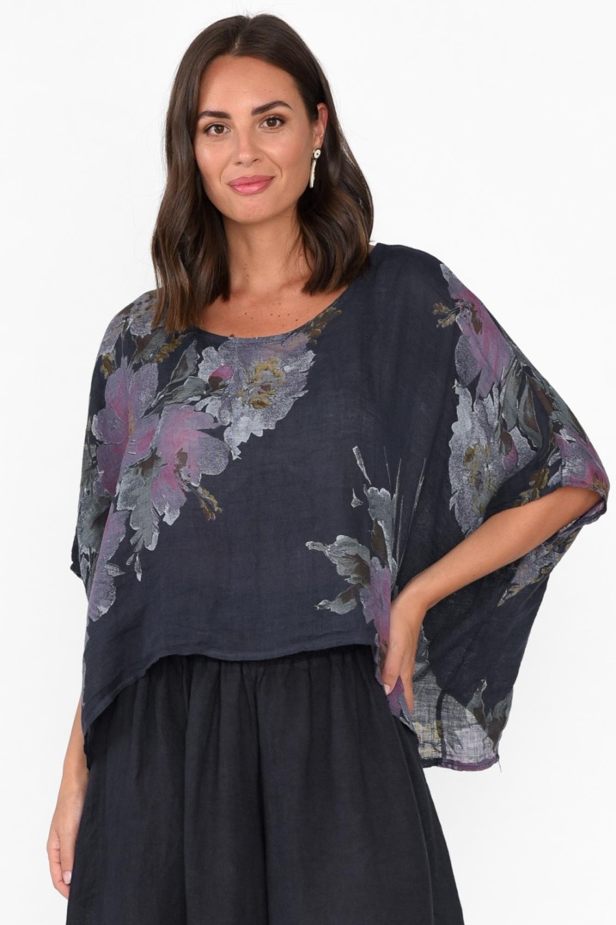 Clothing Donna Donna Linen Tops | Turner Navy Floral Linen Scoop Neck Top