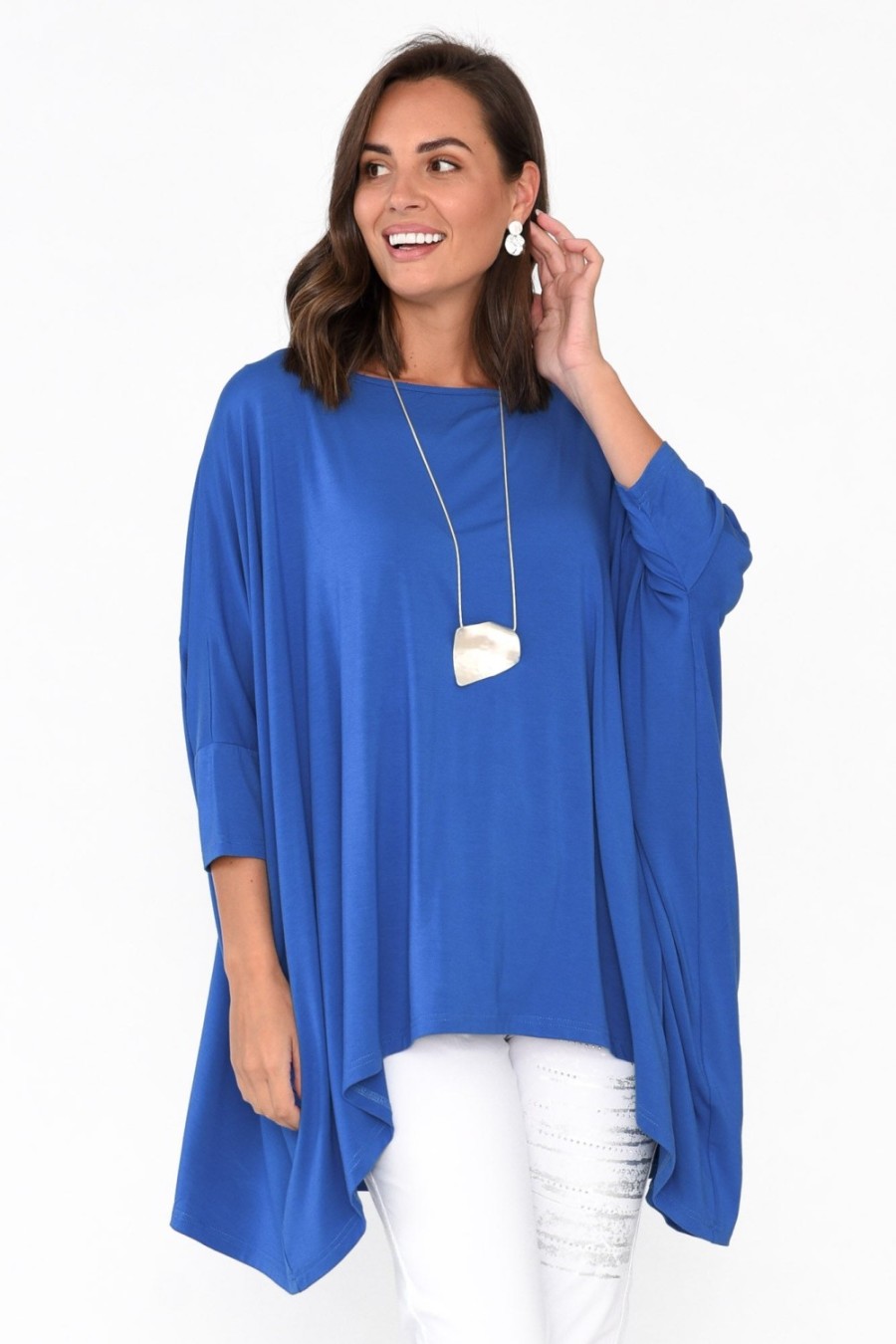 Clothing PQ Tunic Tops | Simplicity Cobalt Bamboo Drape Top