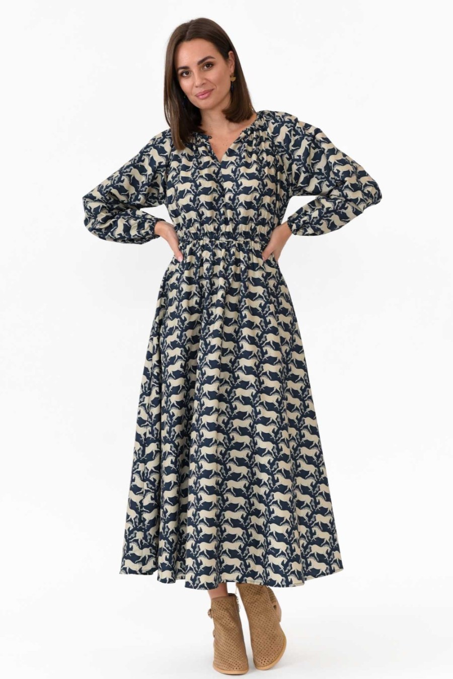 Clothing Dear Sutton Cotton Dresses | Alexis Midnight Stampede Cotton Poplin Dress