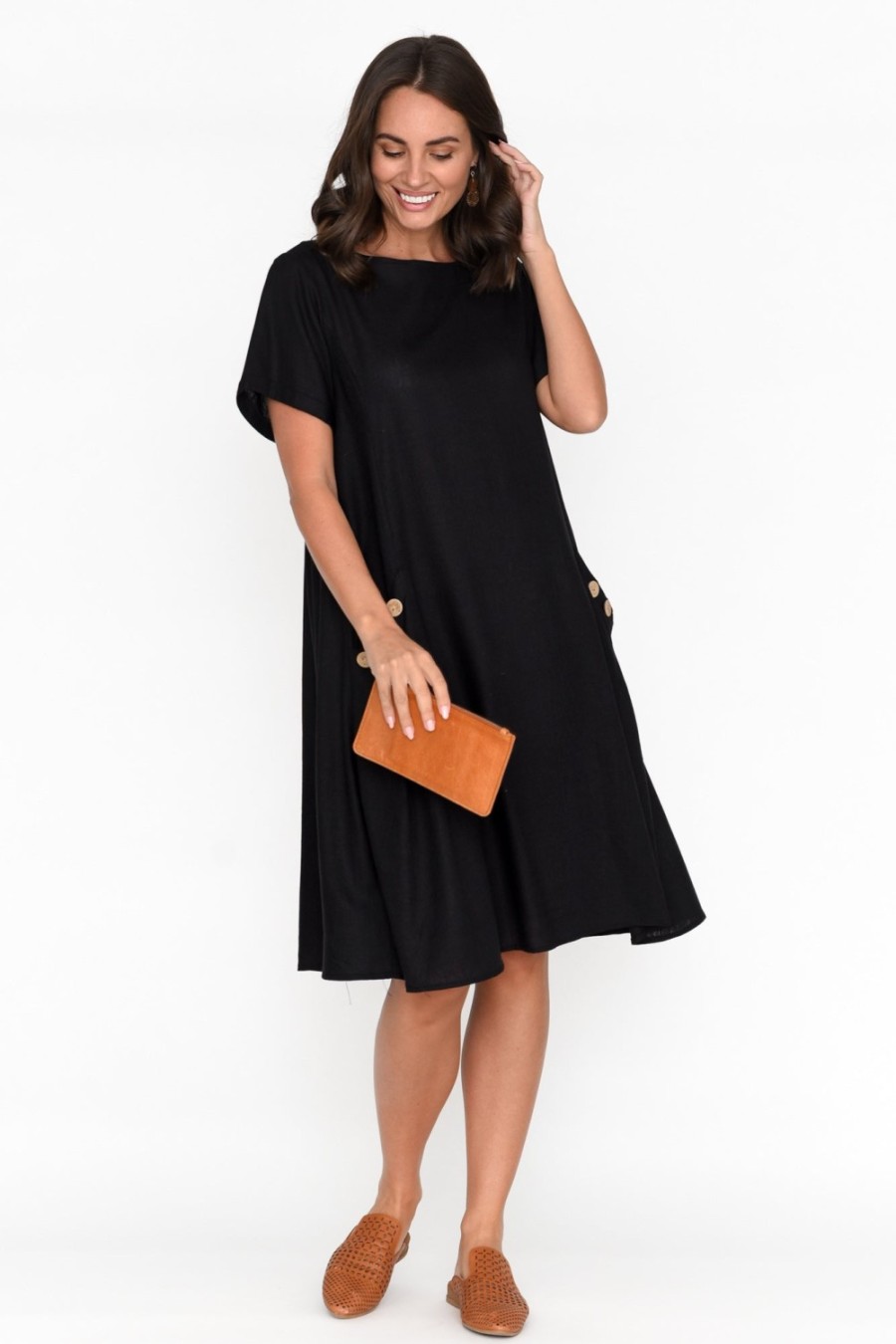 Clothing Ruby Rain Linen Dresses | Tyreke Black Linen Cotton Pocket Dress