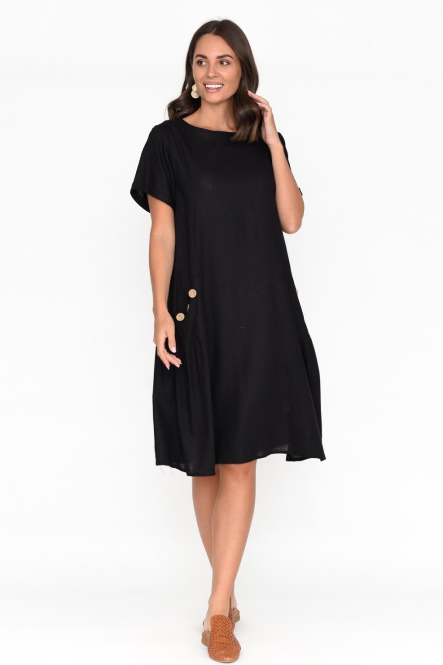 Clothing Ruby Rain Linen Dresses | Tyreke Black Linen Cotton Pocket Dress