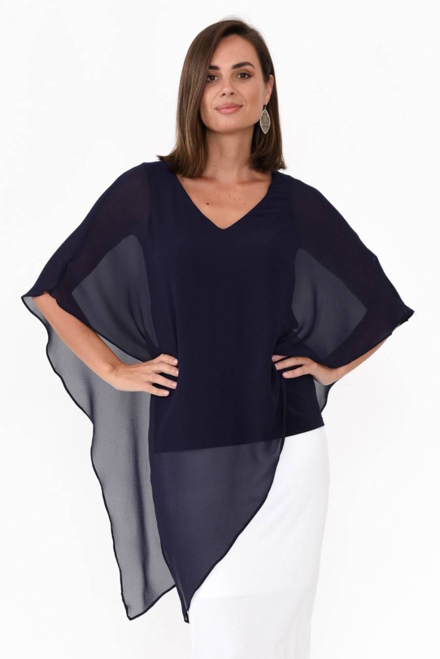 Clothing Four Girlz Sleeved Tops | Adaline Navy Asymmetric Draped Top