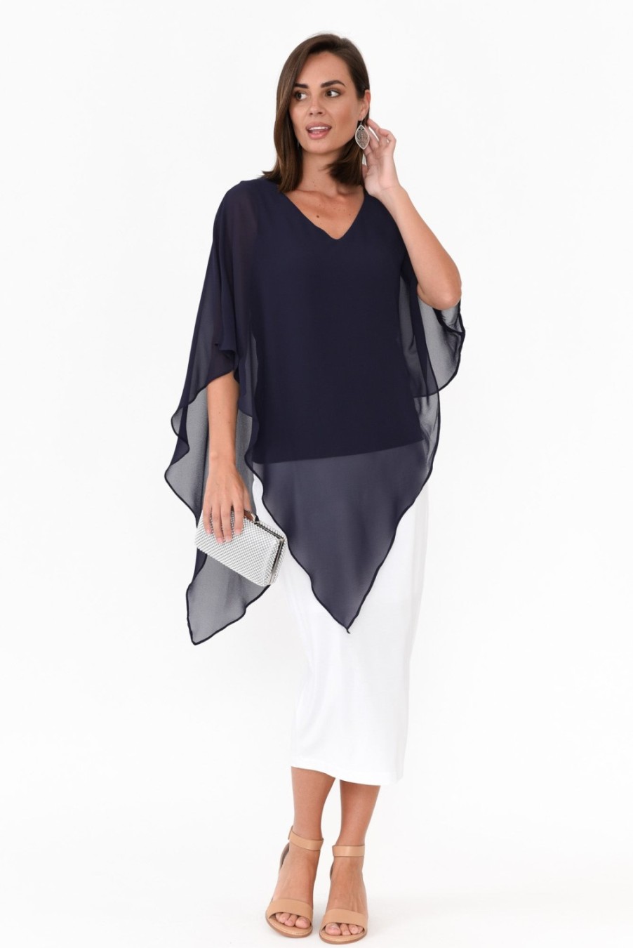 Clothing Four Girlz Sleeved Tops | Adaline Navy Asymmetric Draped Top