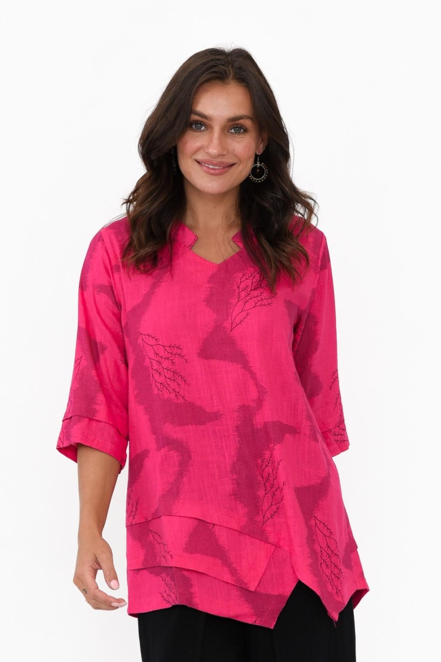 Clothing Ruby Rain Linen Tops | Adara Pink Abstract Linen Cotton Top