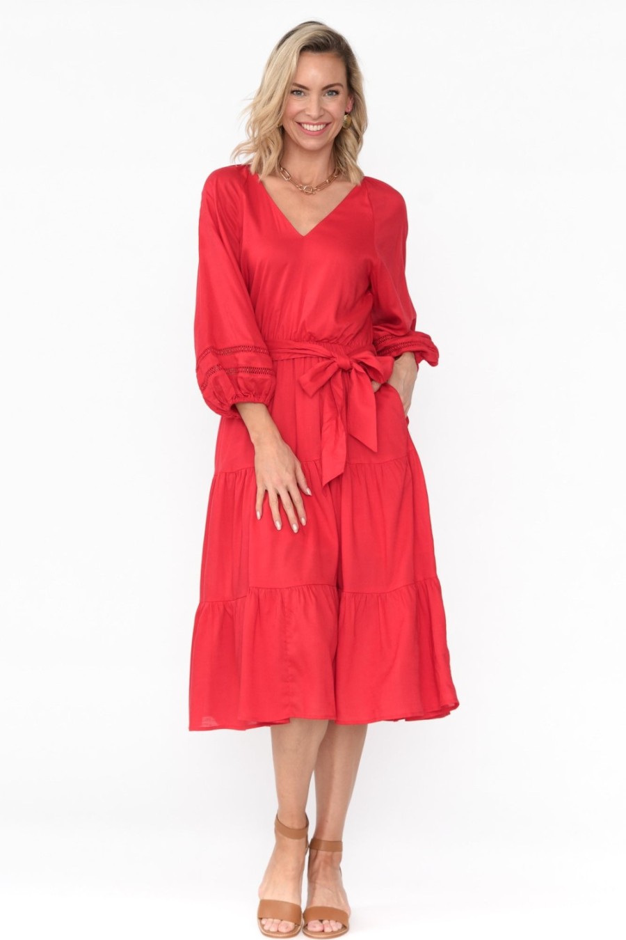 Clothing Fate Becker Midi Dresses | Faraway Red Tiered Midi Dress