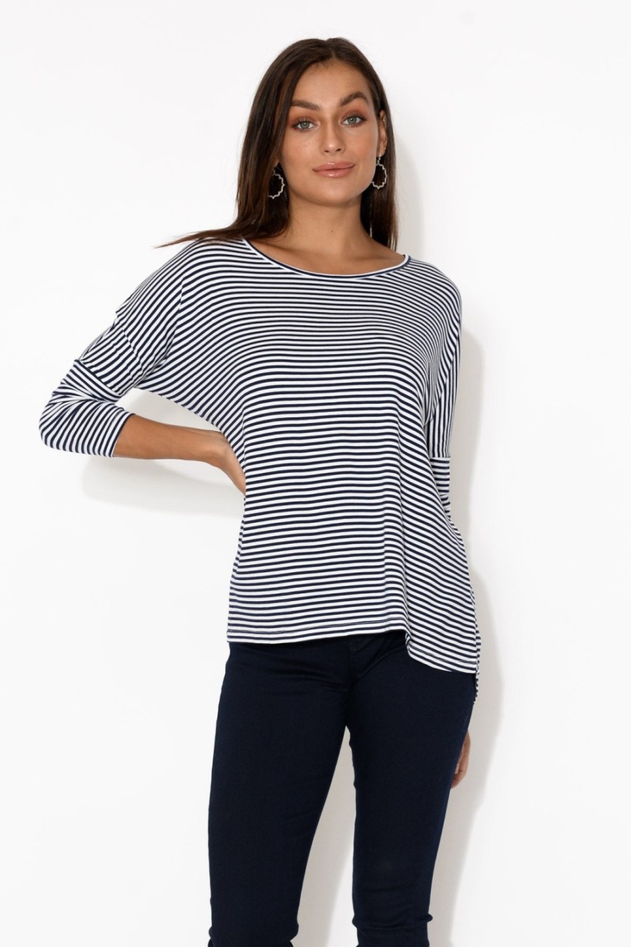 Clothing Betty Basics Sleeved Tops | Navy And White Stripe Milan 3/4 Sleeve Top