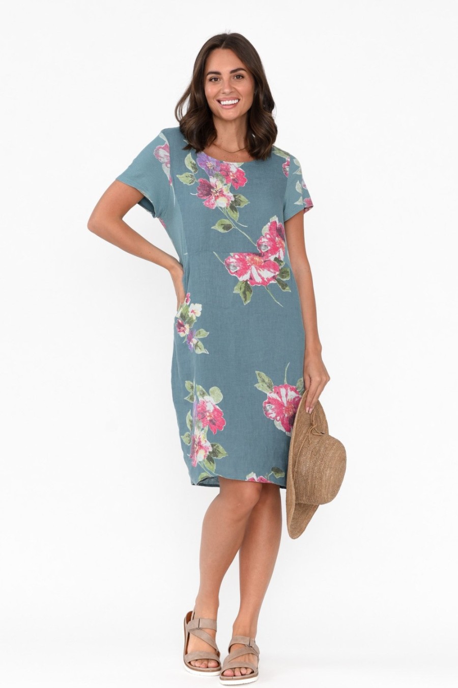 Clothing Cali and Co Linen Dresses | Sawyer Blue Flower Linen Pocket Dress