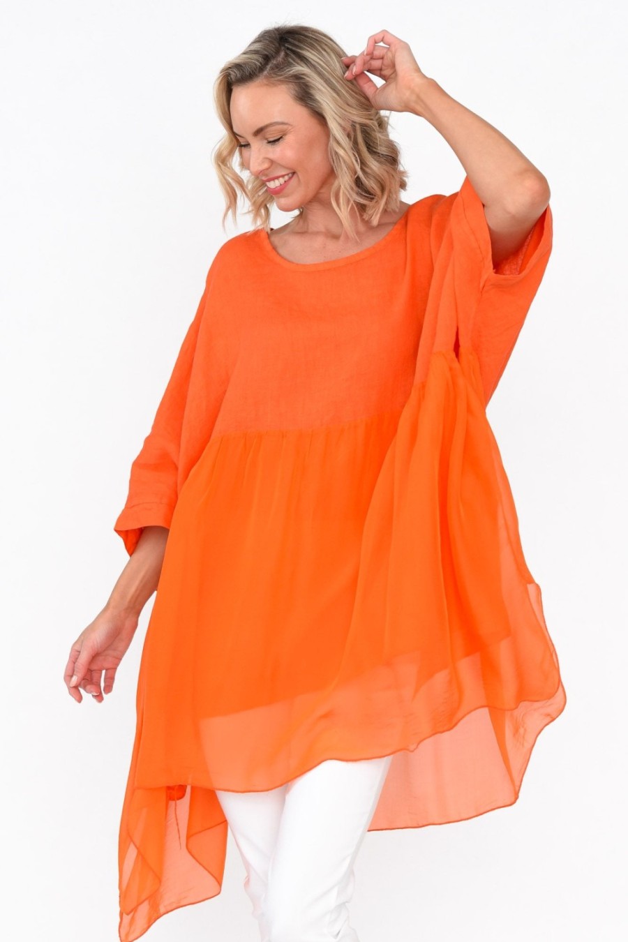 Clothing Fabuler Linen Tops | Marietta Orange Silk Linen Top