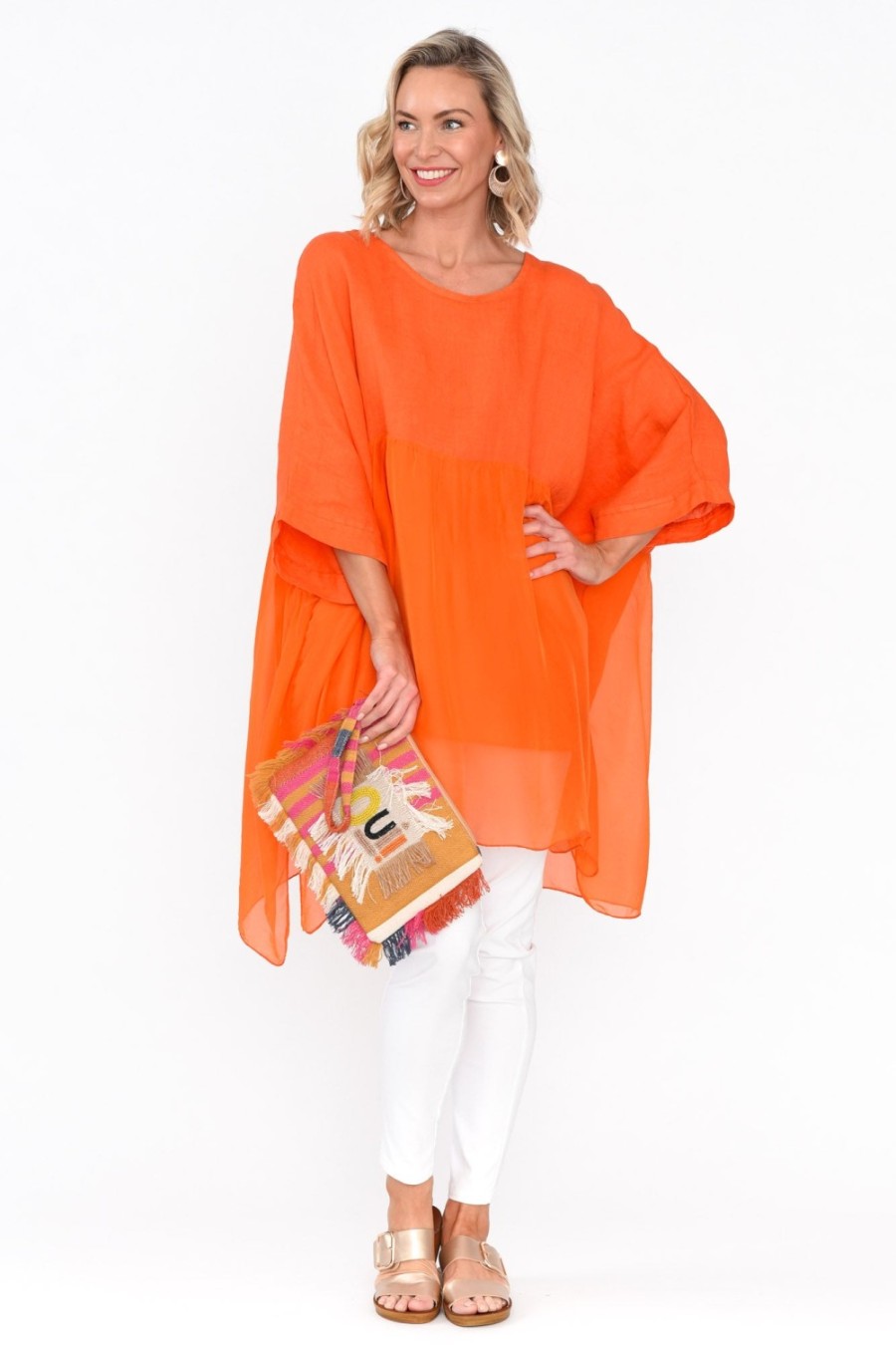 Clothing Fabuler Linen Tops | Marietta Orange Silk Linen Top