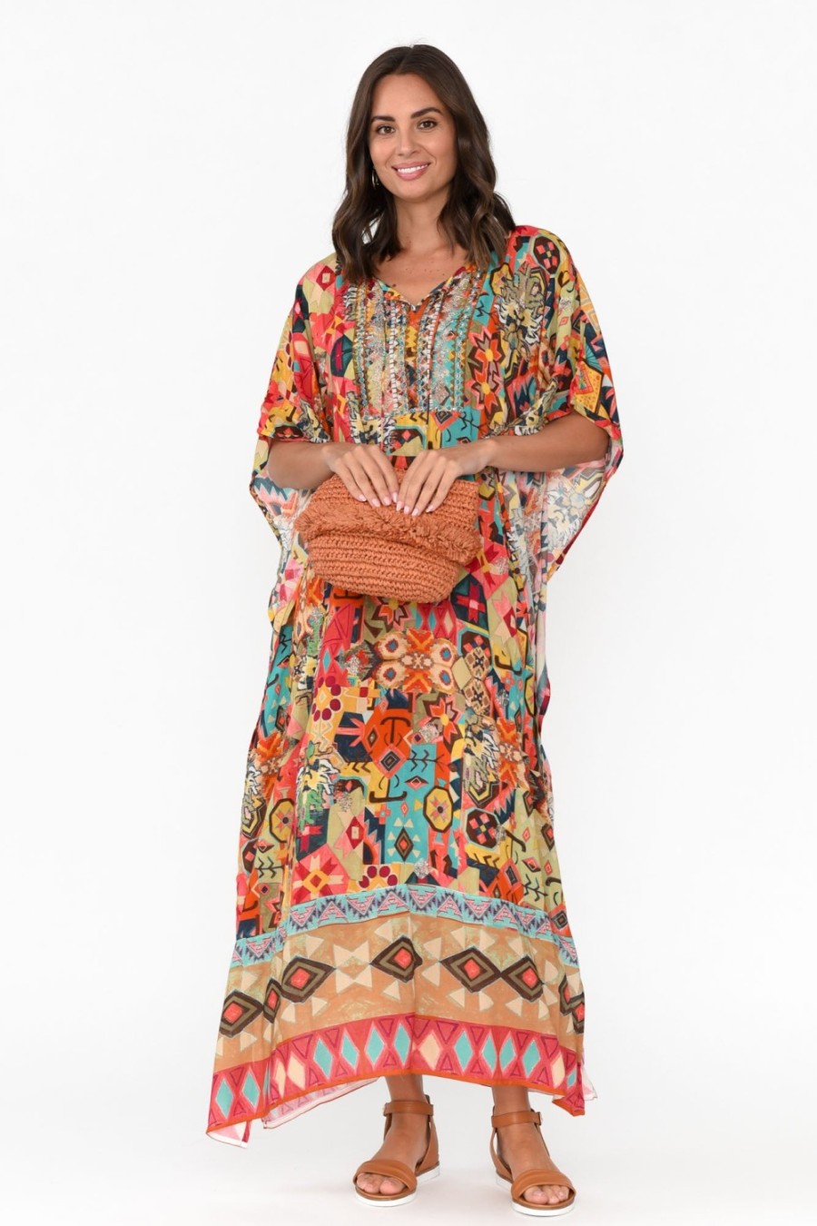 Clothing Escape Maxi Dresses | Caroline Orange Abstract Tassel Kaftan