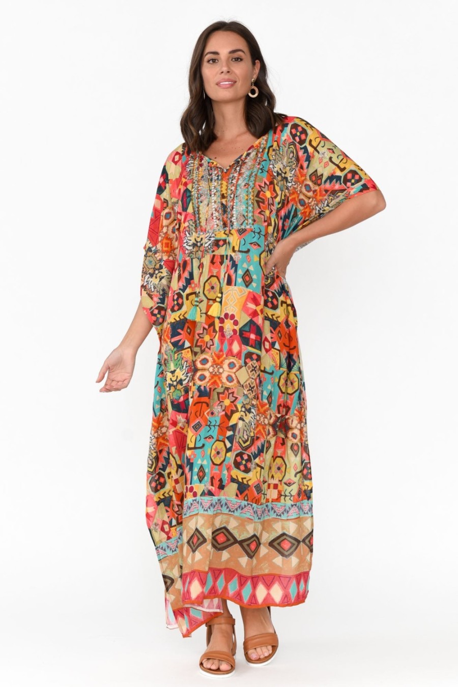 Clothing Escape Maxi Dresses | Caroline Orange Abstract Tassel Kaftan