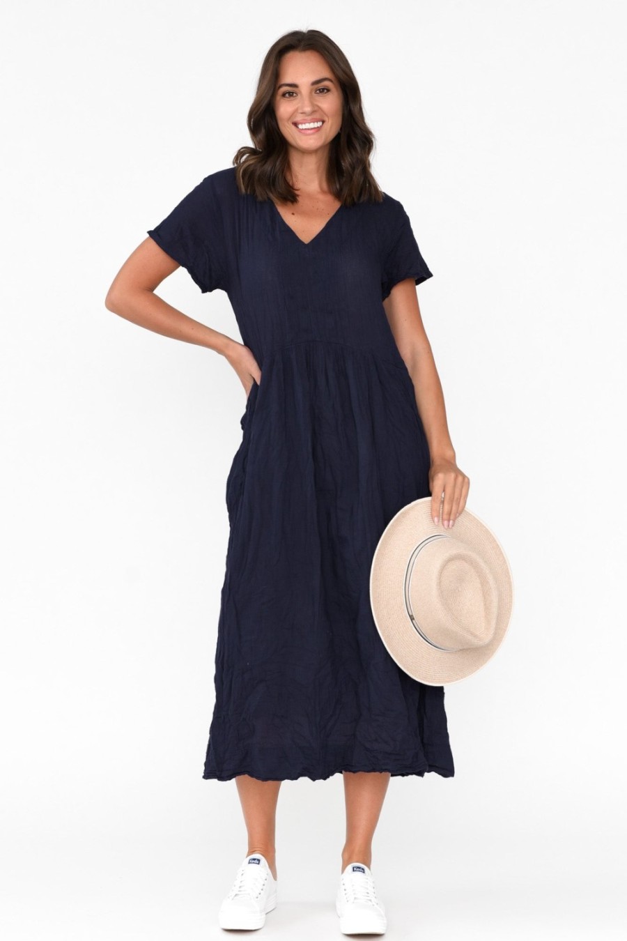 Clothing Namastai Cotton Dresses | Tamsin Navy Crinkle Cotton Maxi Dress