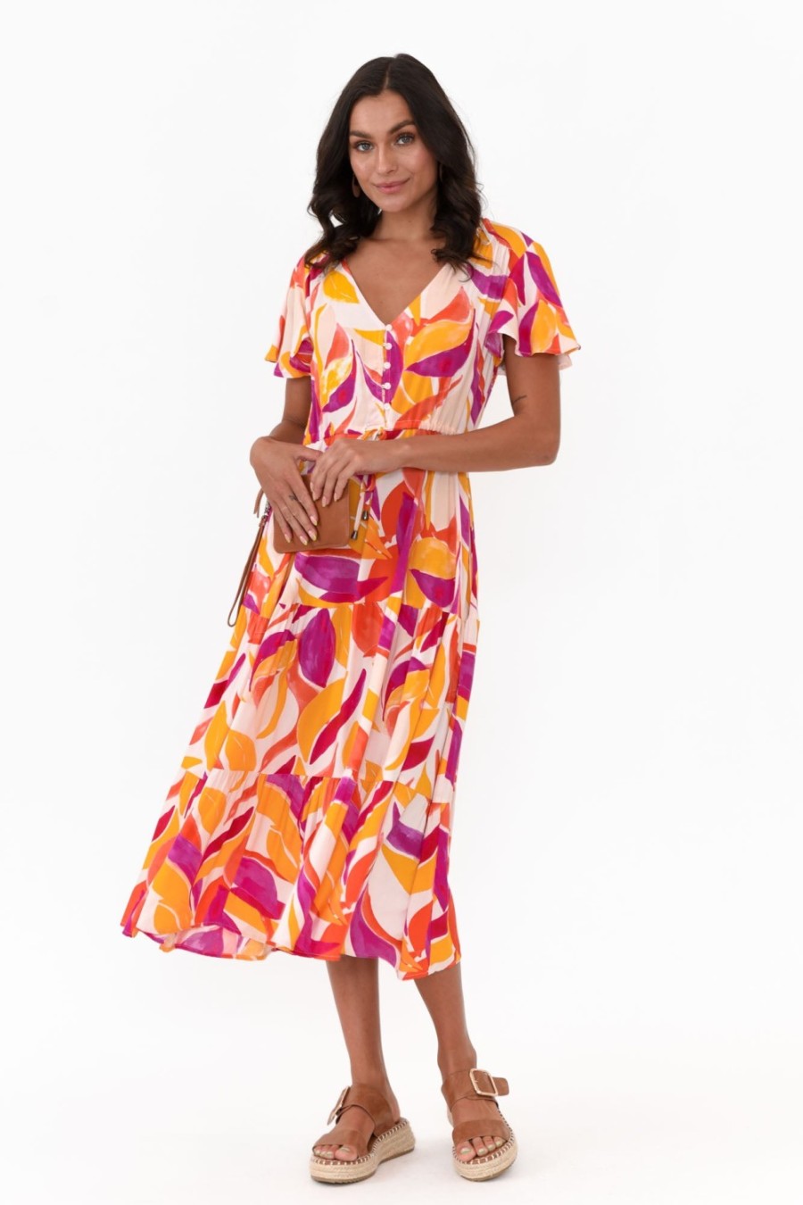 Clothing Label of Love Midi Dresses | Dahlia Orange Abstract V Neck Dress