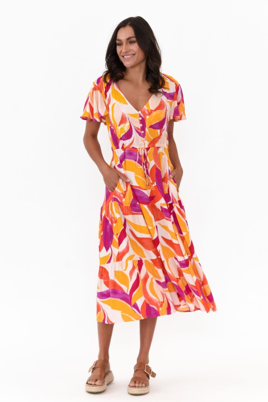 Clothing Label of Love Midi Dresses | Dahlia Orange Abstract V Neck Dress