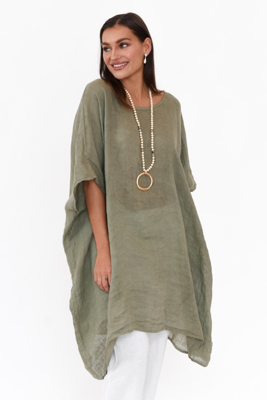 Clothing Donna Donna Linen Tops | Noemi Khaki Linen Kaftan Tunic