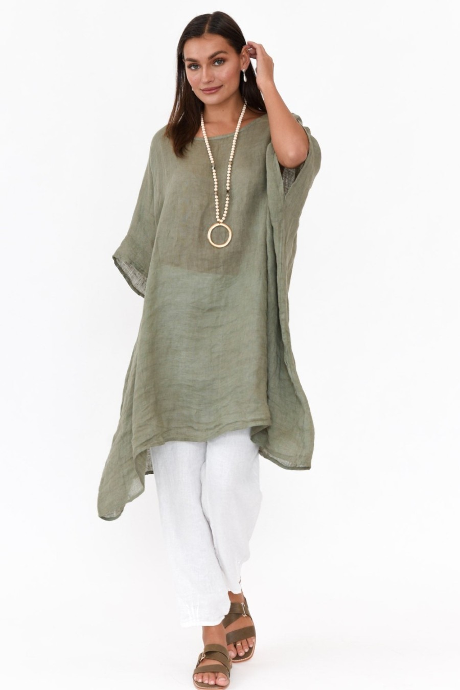 Clothing Donna Donna Linen Tops | Noemi Khaki Linen Kaftan Tunic