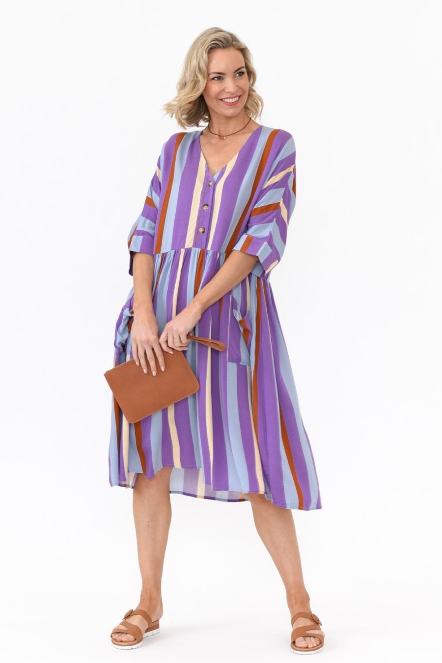 Clothing PQ Above Knee Dresses | Electra Purple Stripe Pocket Dress