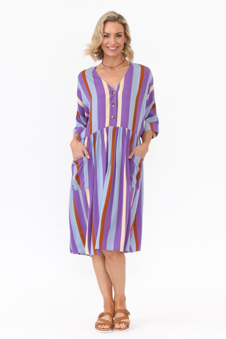 Clothing PQ Above Knee Dresses | Electra Purple Stripe Pocket Dress