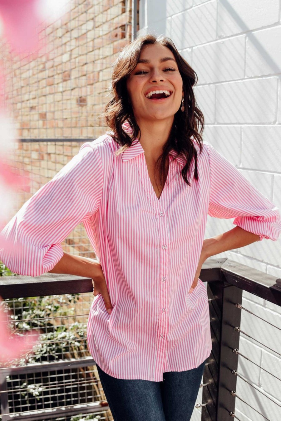 Clothing Silver Wishes Cotton Tops | Troy Pink Stripe Cotton Shirt