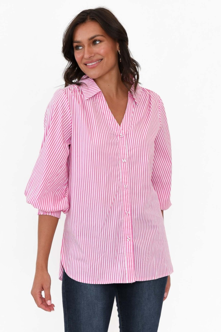 Clothing Silver Wishes Cotton Tops | Troy Pink Stripe Cotton Shirt