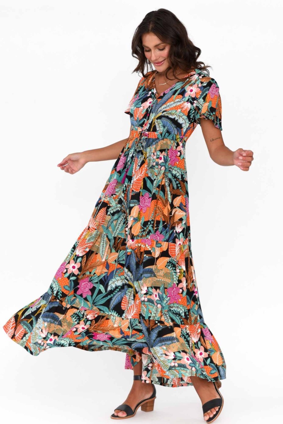 Clothing Orientique Maxi Dresses | Paphos Black Tropical Tiered Maxi Dress