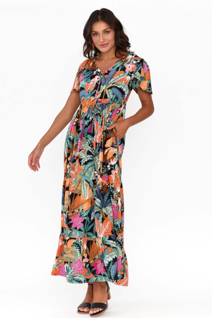 Clothing Orientique Maxi Dresses | Paphos Black Tropical Tiered Maxi Dress