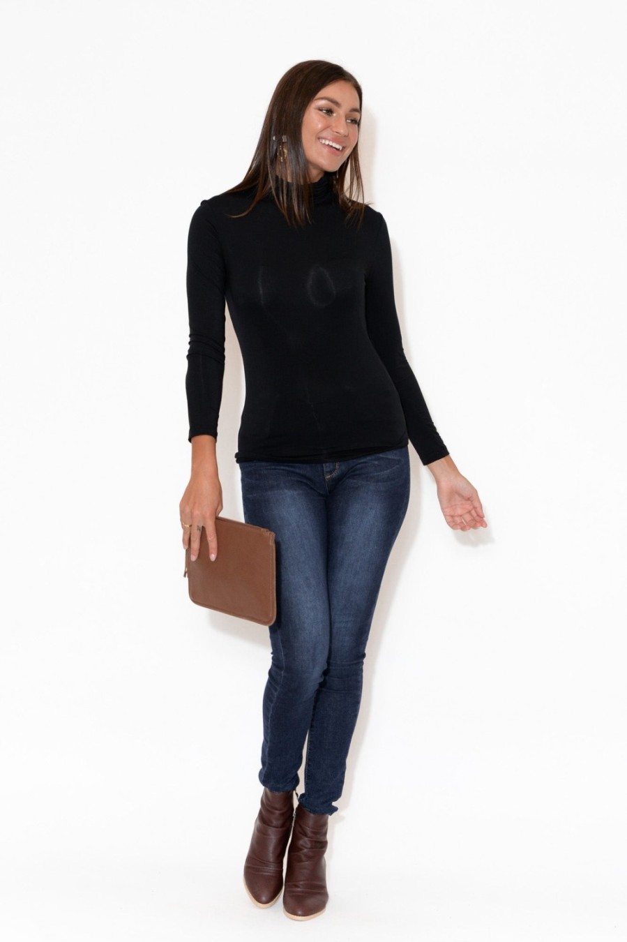 Clothing Tani Sleeved Tops | Black Micro Modal Turtleneck Top