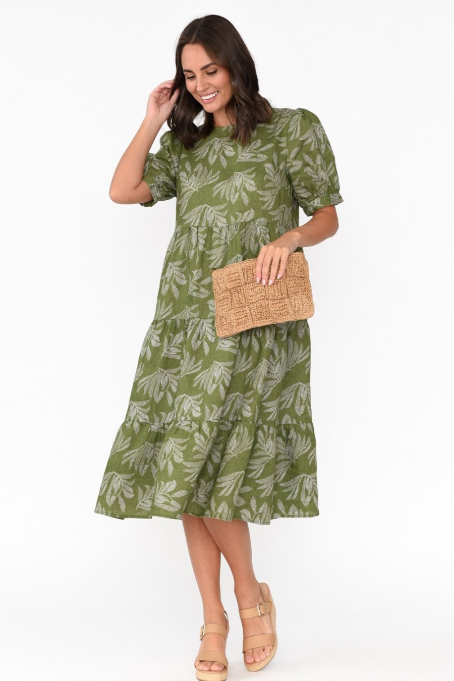 Clothing Stella Gemma Linen Dresses | Corsica Green Palm Linen Tiered Dress