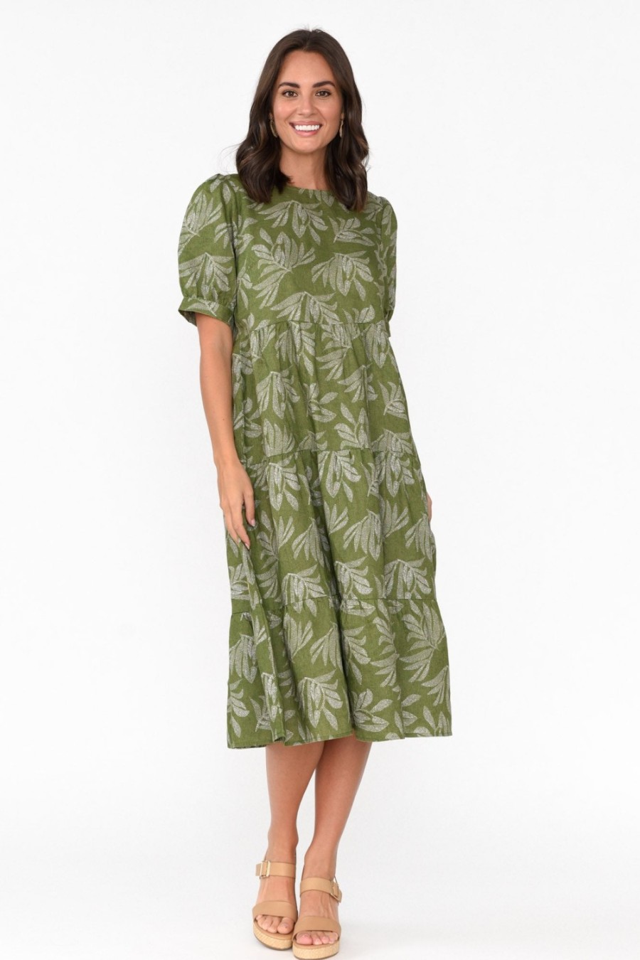 Clothing Stella Gemma Linen Dresses | Corsica Green Palm Linen Tiered Dress