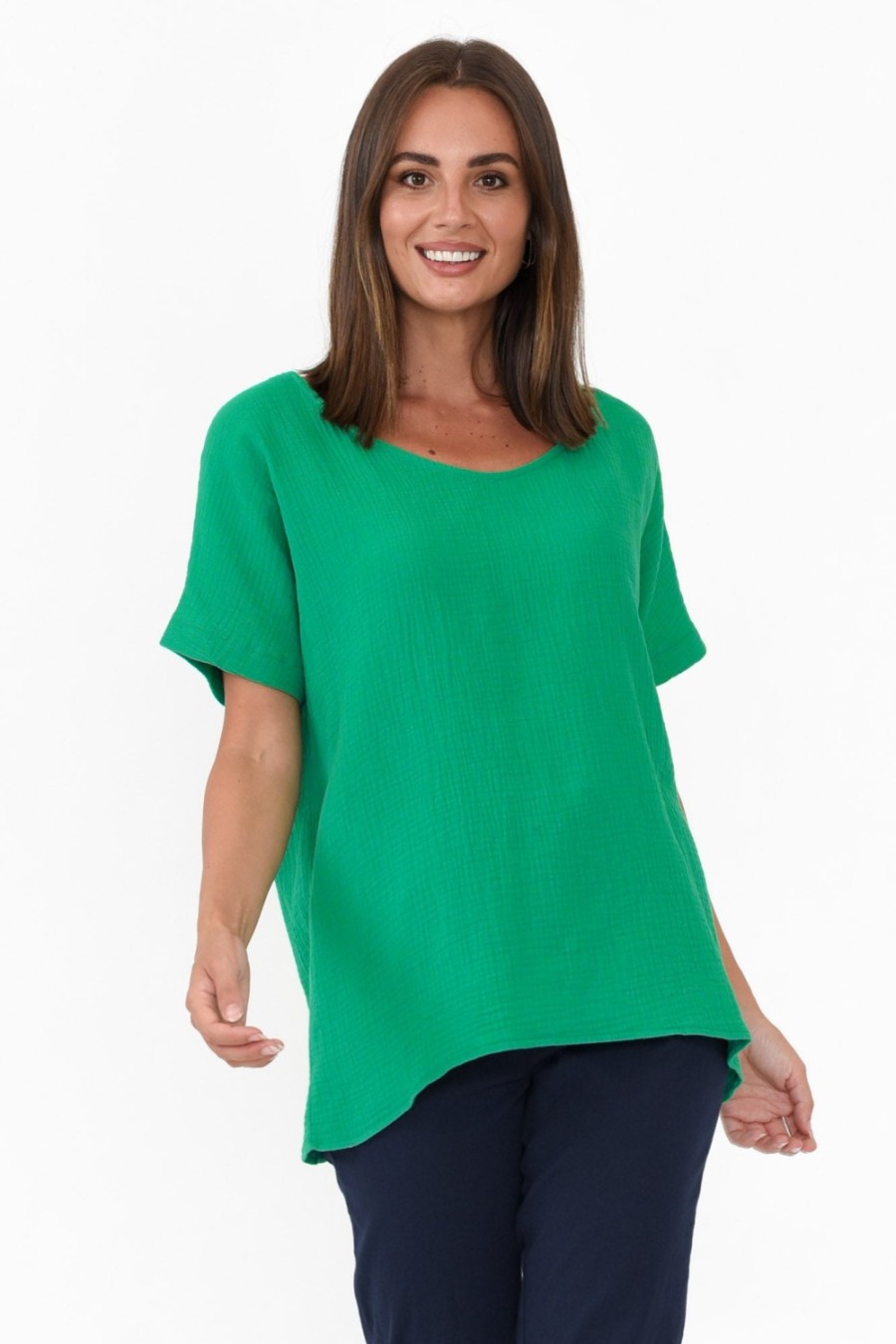 Clothing Cali and Co Cotton Tops | Ferrera Green Crinkle Cotton Top