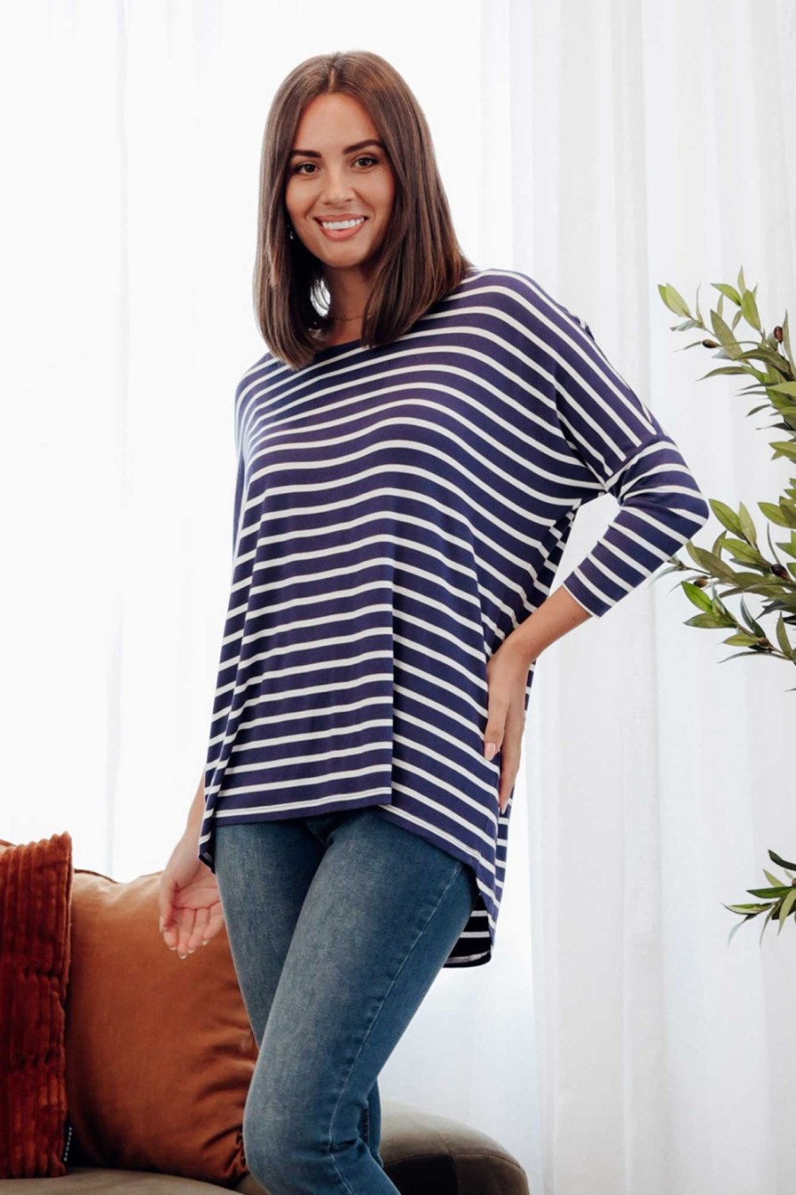 Clothing Betty Basics Sleeved Tops | Navy Parisian Stripe Milan 3/4 Sleeve Top