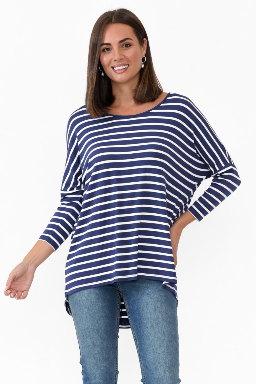 Clothing Betty Basics Sleeved Tops | Navy Parisian Stripe Milan 3/4 Sleeve Top