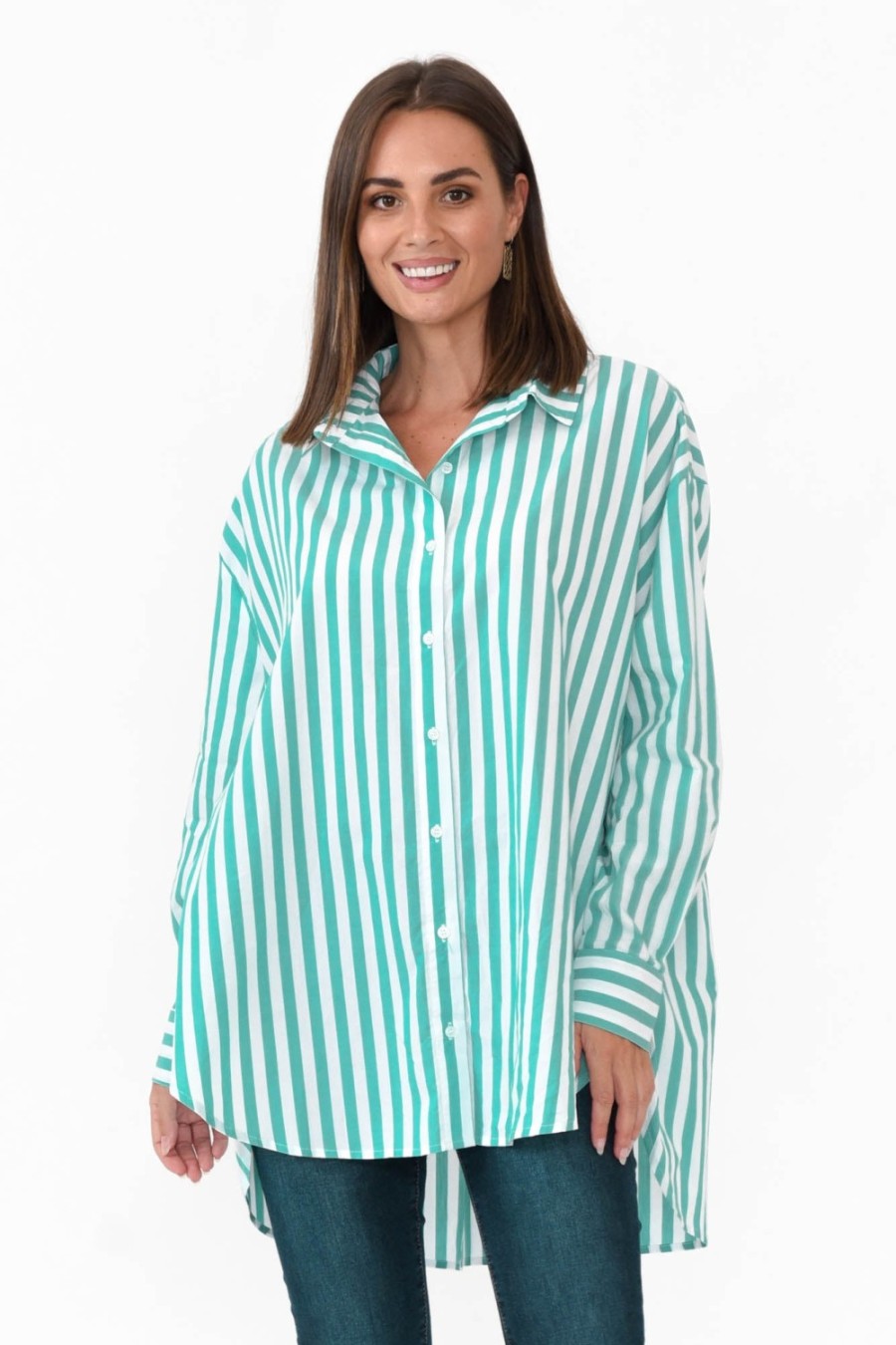 Clothing PQ Shirts | Amore Green Stripe Cotton Poplin Shirt