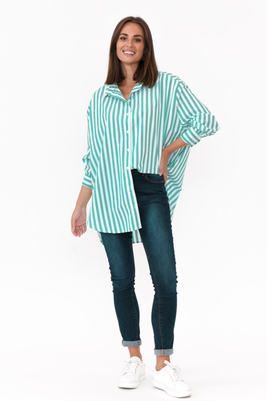 Clothing PQ Shirts | Amore Green Stripe Cotton Poplin Shirt