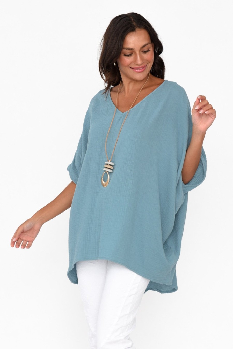 Clothing La Mode Cotton Tops | Maida Blue Cotton V Neck Top