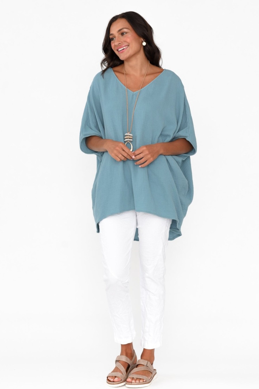 Clothing La Mode Cotton Tops | Maida Blue Cotton V Neck Top