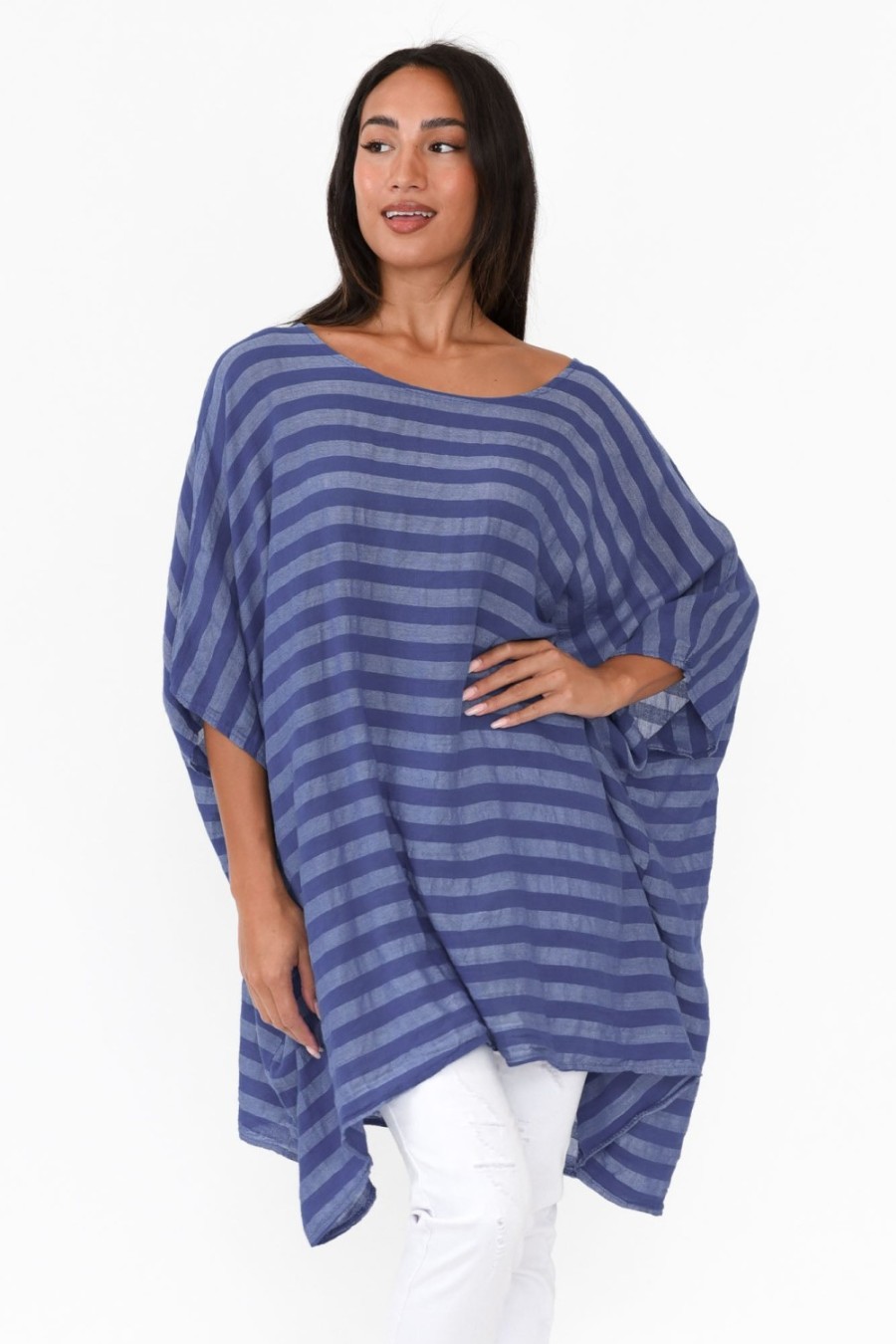 Clothing Donna Donna Linen Tops | Diane Blue Stripe Linen Tunic