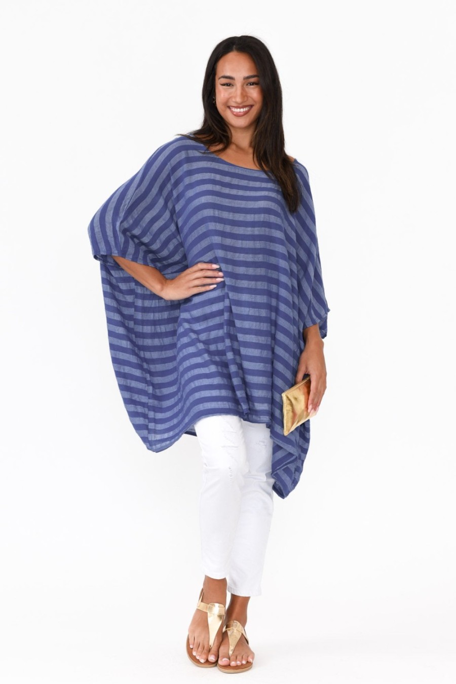 Clothing Donna Donna Linen Tops | Diane Blue Stripe Linen Tunic