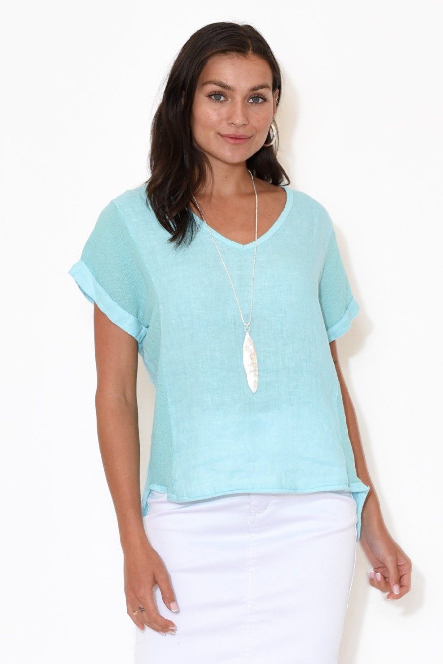 Clothing La Strada Cotton Tops | Dorian Turquoise Linen Cotton Top