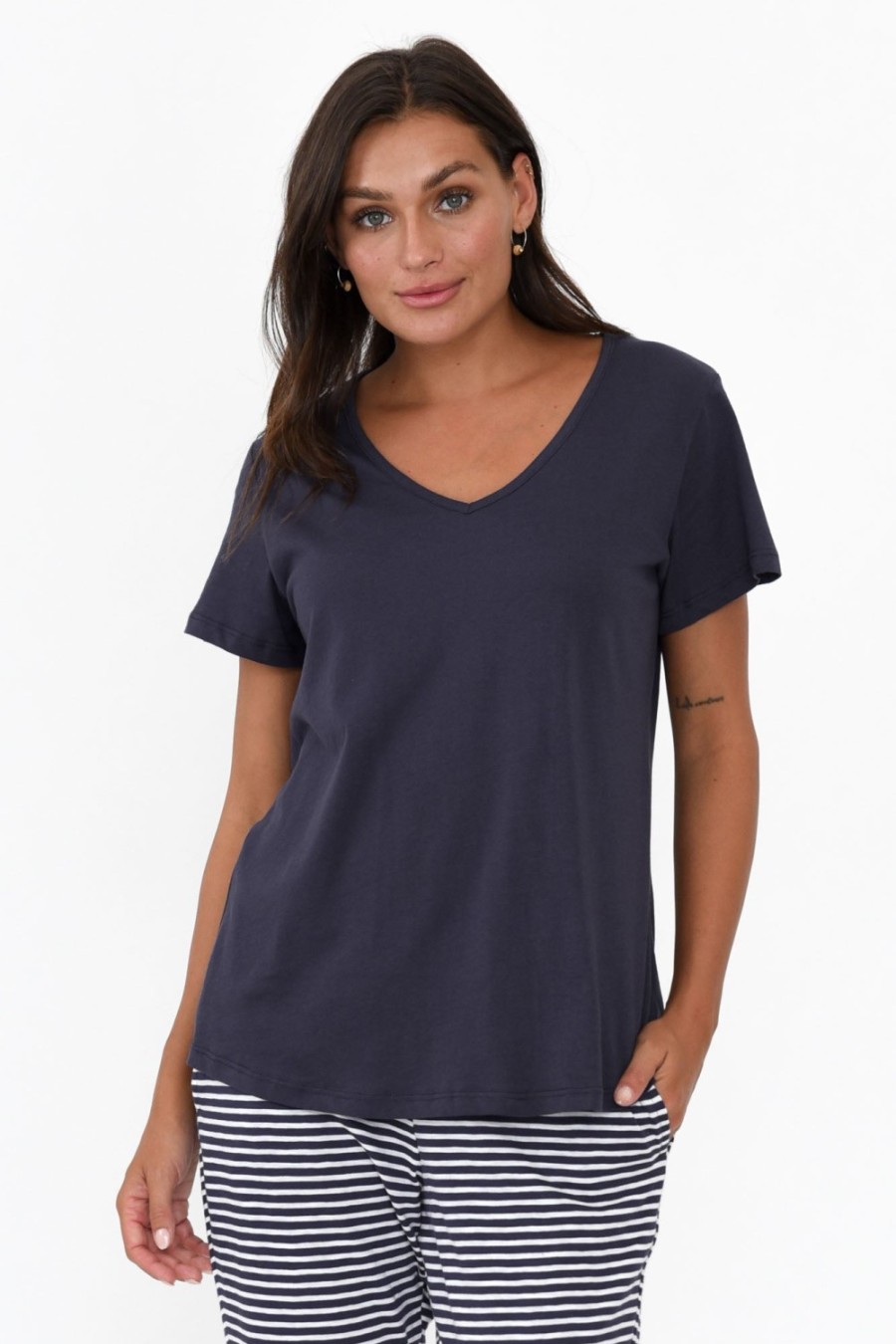 Clothing Betty Basics Cotton Tops | Ava Navy Cotton V Neck Tee