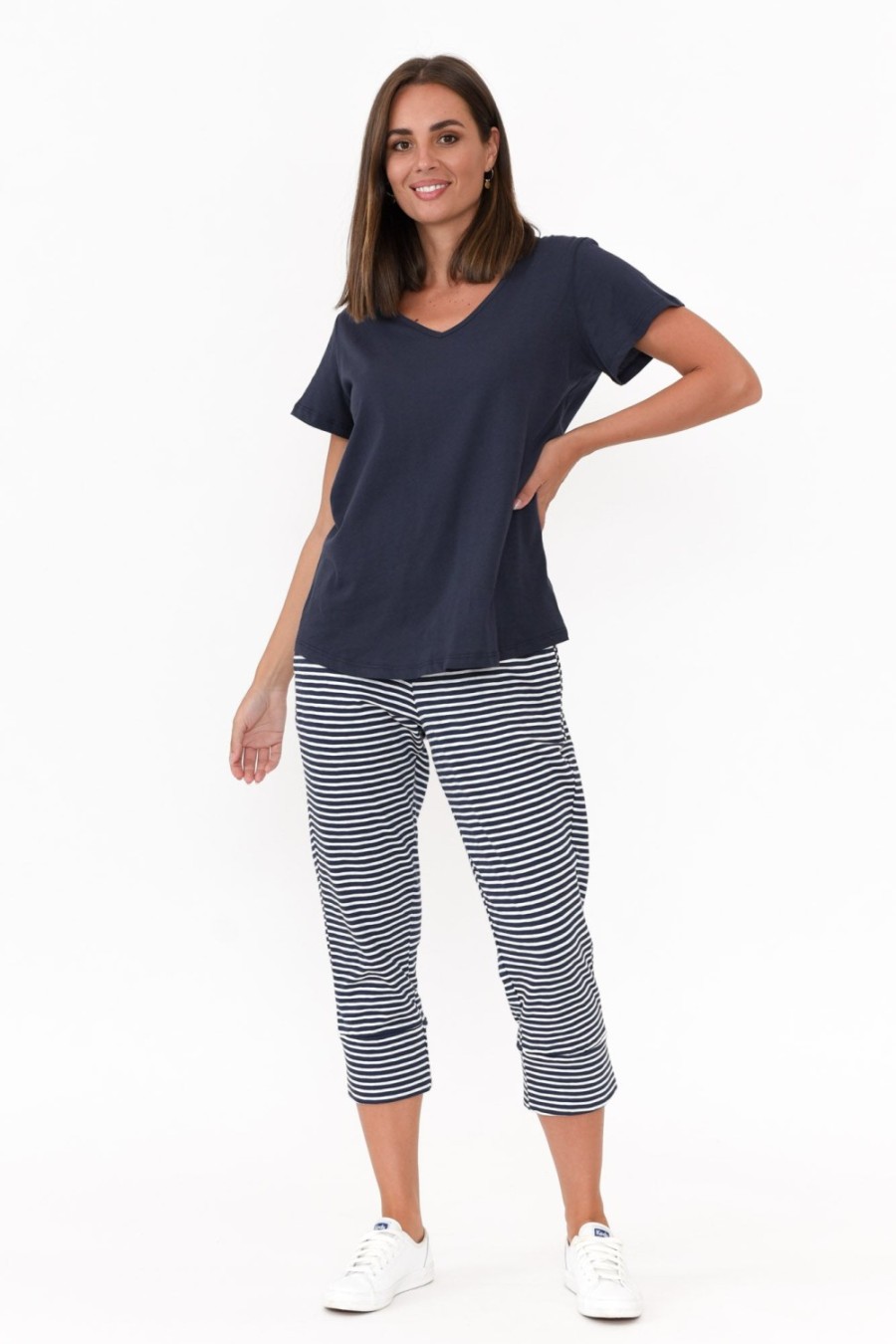 Clothing Betty Basics Cotton Tops | Ava Navy Cotton V Neck Tee