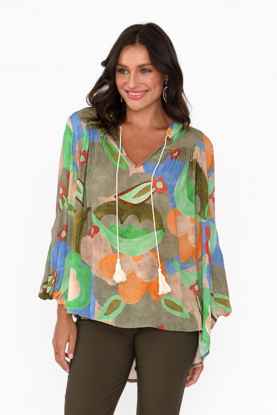 Clothing Italian Star Sleeved Tops | Althea Khaki Blossom V Neck Top