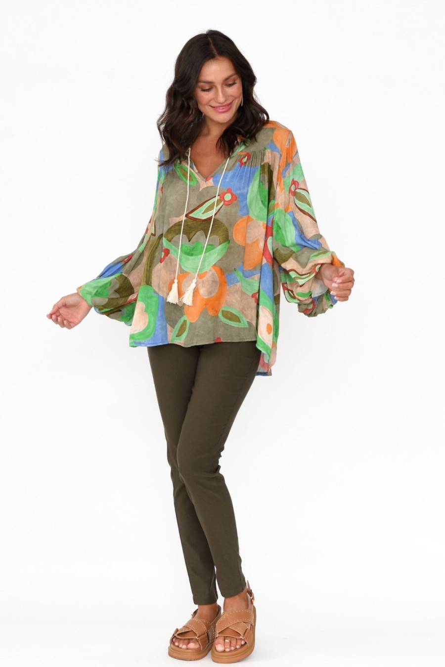 Clothing Italian Star Sleeved Tops | Althea Khaki Blossom V Neck Top