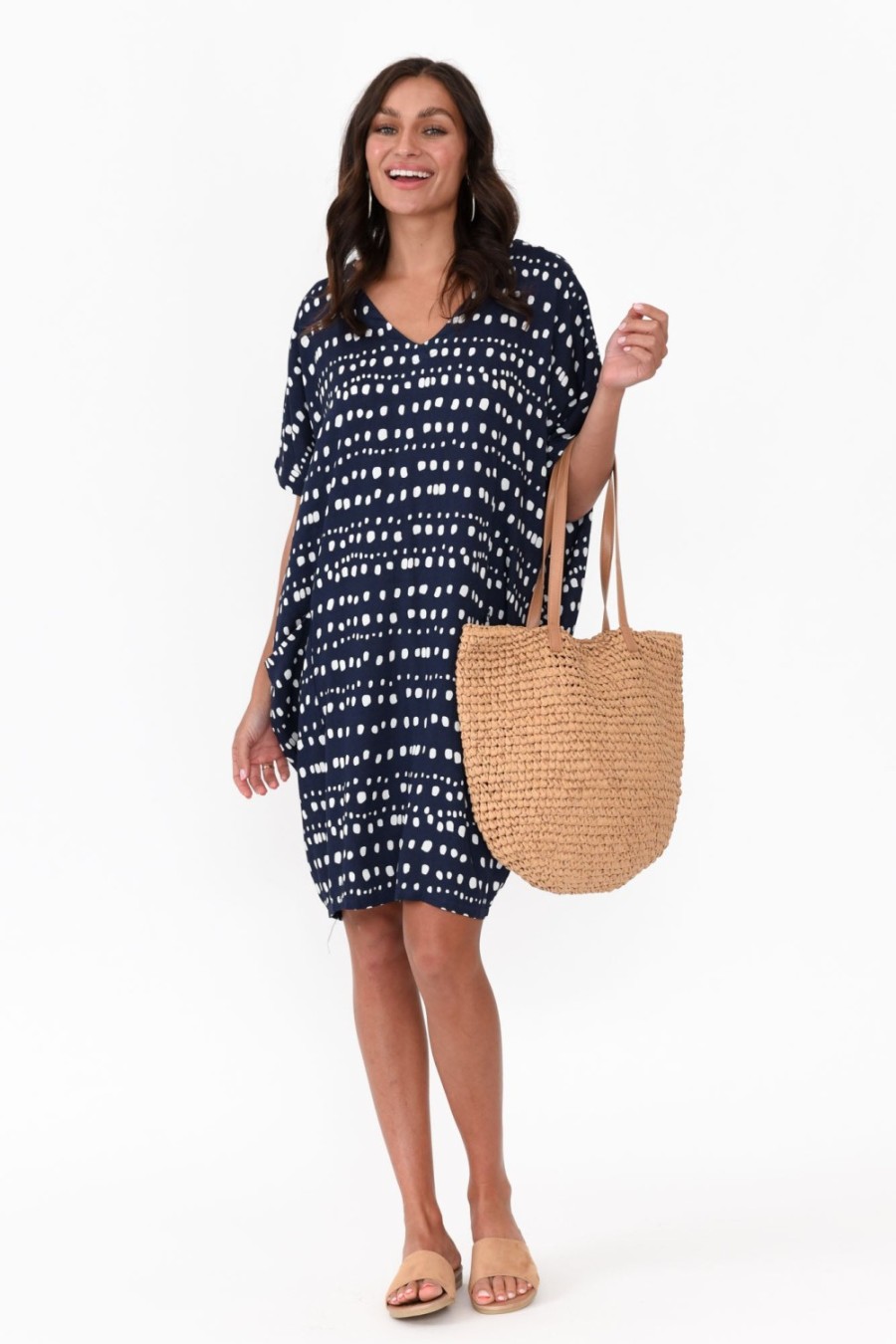 Clothing Red Lotus Above Knee Dresses | Gaby Navy Abstract Spot Drape Tee Dress