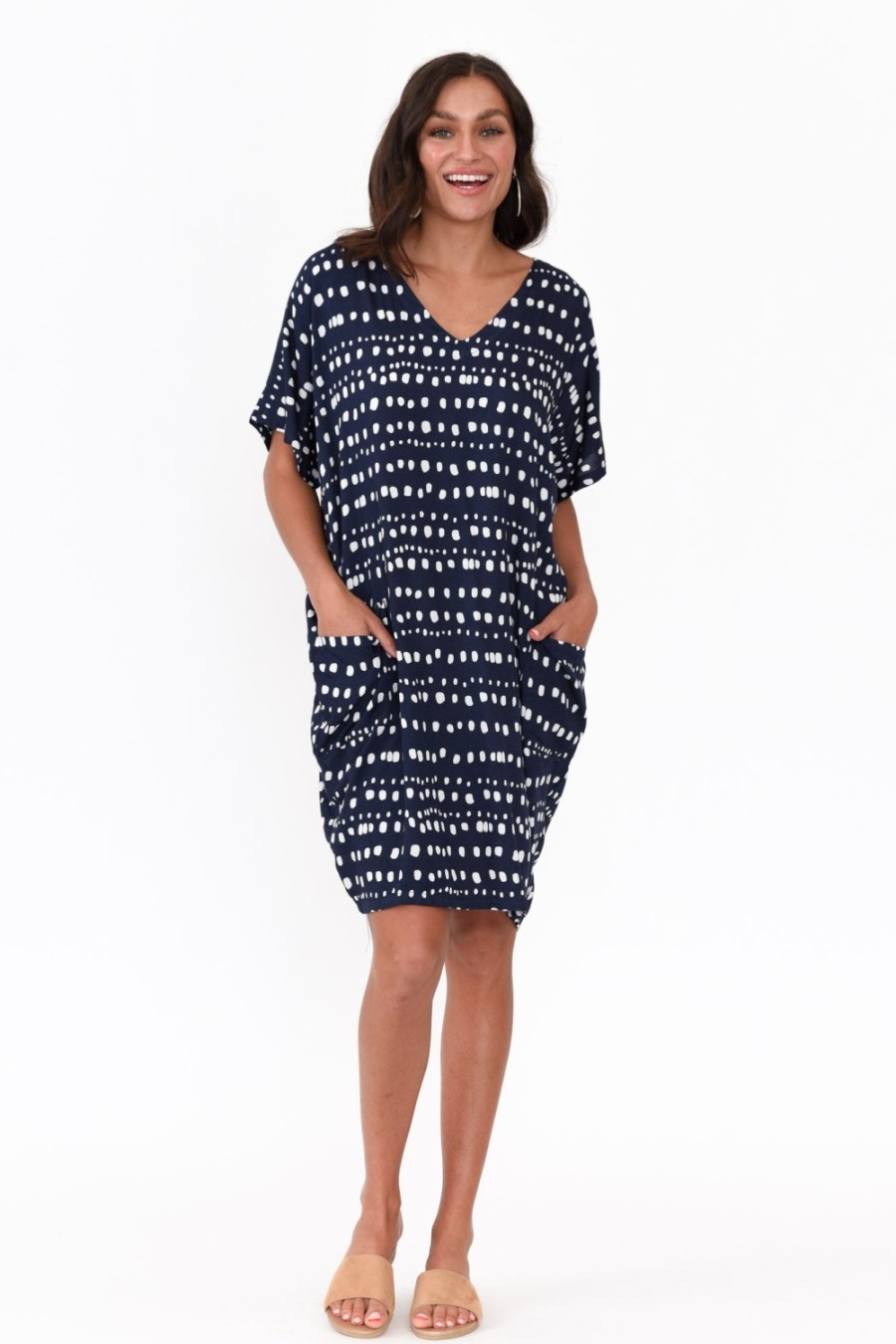 Clothing Red Lotus Above Knee Dresses | Gaby Navy Abstract Spot Drape Tee Dress