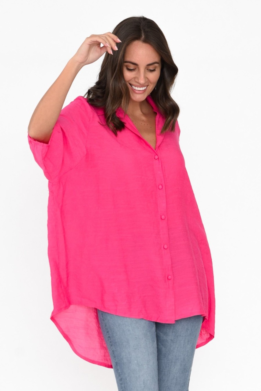 Clothing Cotton Village Cotton Tops | Hot Pink Cotton Blend Hi Lo Shirt